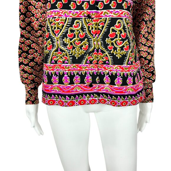 Vintage 70s Printed Blouse Women's Medium Pink Black Border Print Top - Picture 4 of 10